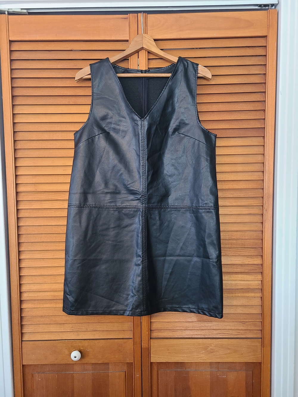 Black Faux Leather V-Neck Sleeveless Dress